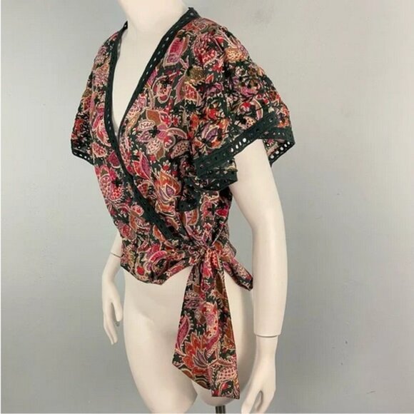 Jennifer Grace Paisley Print Faux Wrap Embroidered Flutter Sleeve Blouse (NWT) - Picture 7 of 13
